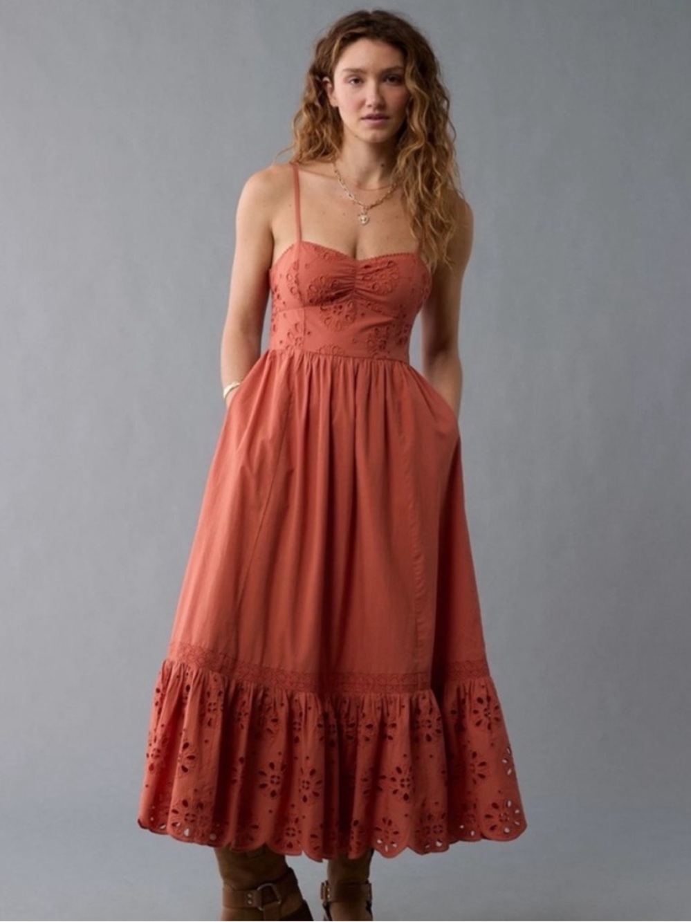 American Eagle Catie Corset Eyelet Midi Dress Terracotta NWT Medium